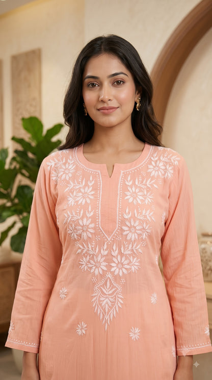Modal Chikankari Women's Long Kurta - Peach