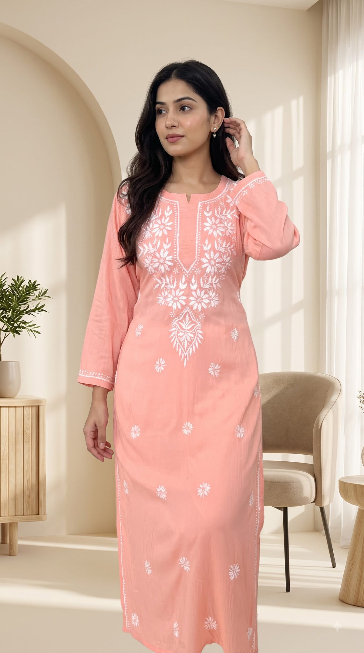 Modal Chikankari Women's Long Kurta - Peach
