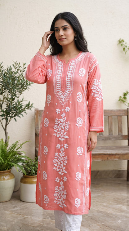 Rayon 3D Rose Chikankari Long Kurta - Peach