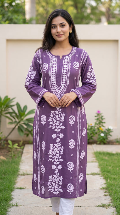 Rayon 3D Rose Chikankari Long Kurta - Purple
