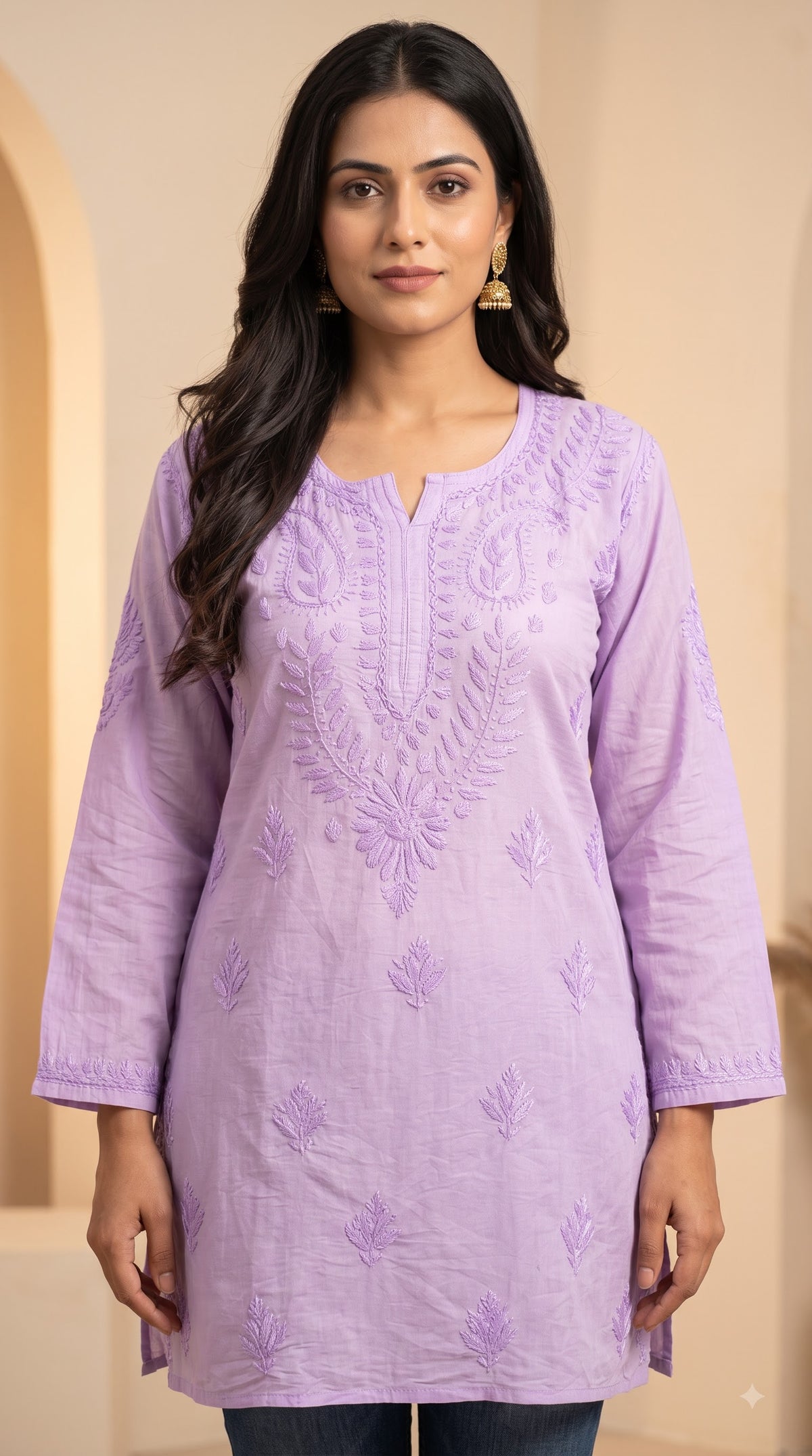 Chanderi Chikankari Solid Women's Short Kurta - Lavender