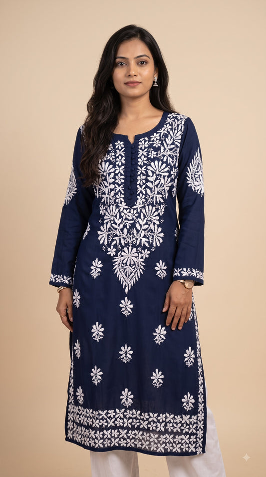 Modal Chikankari Women's Long Kurta - Navi Blue