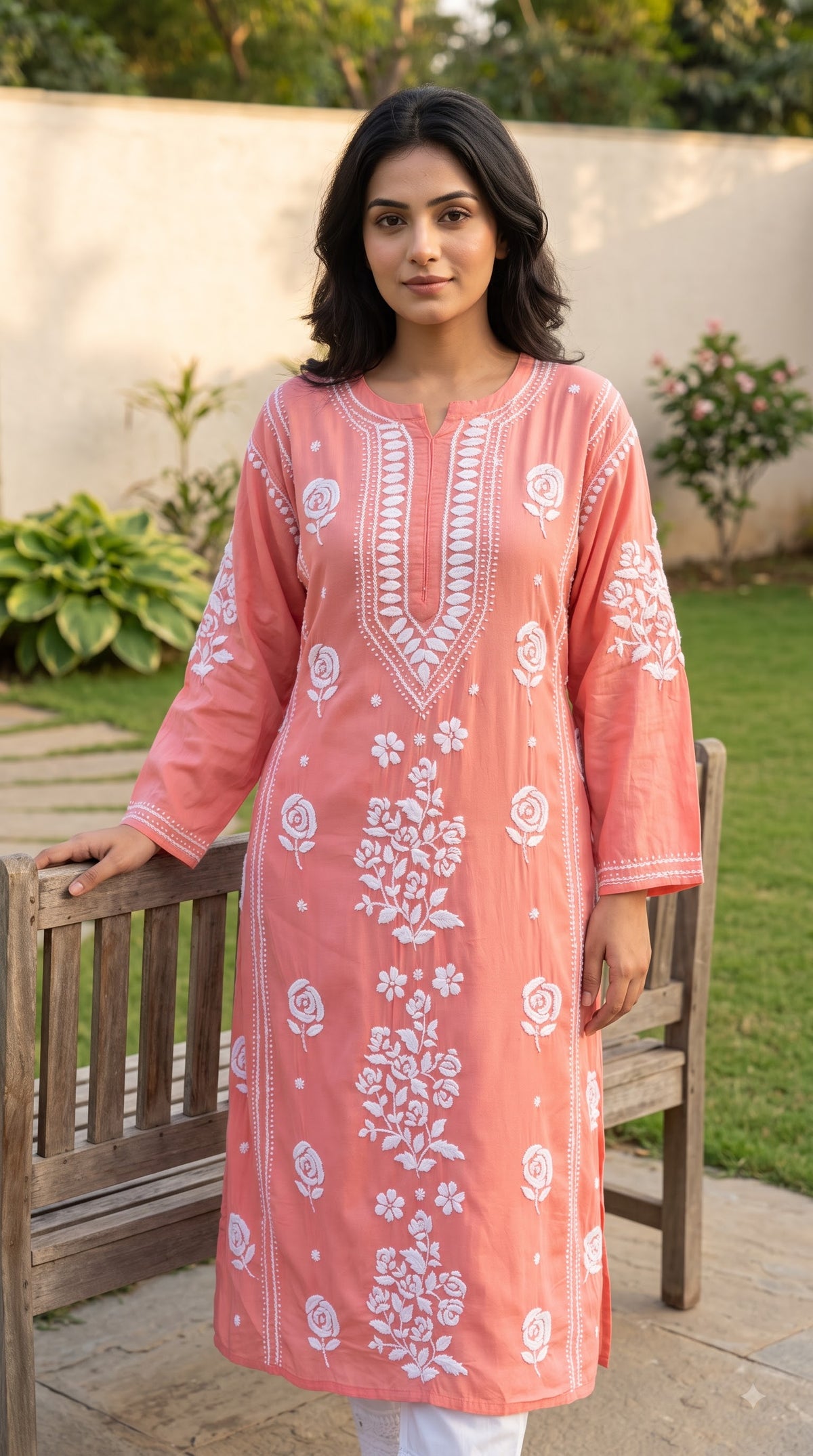 Rayon 3D Rose Chikankari Long Kurta - Peach