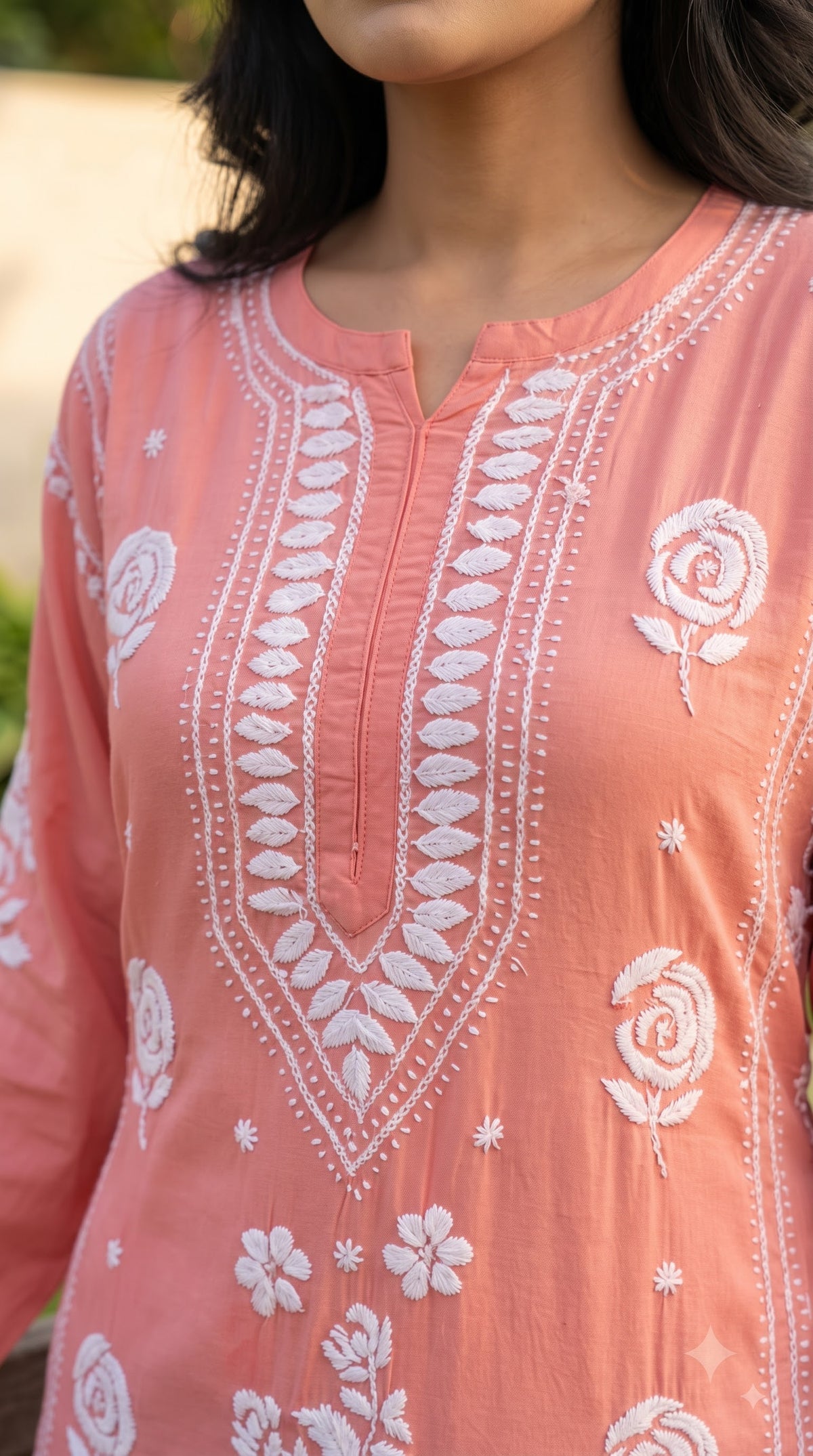 Rayon 3D Rose Chikankari Long Kurta - Peach