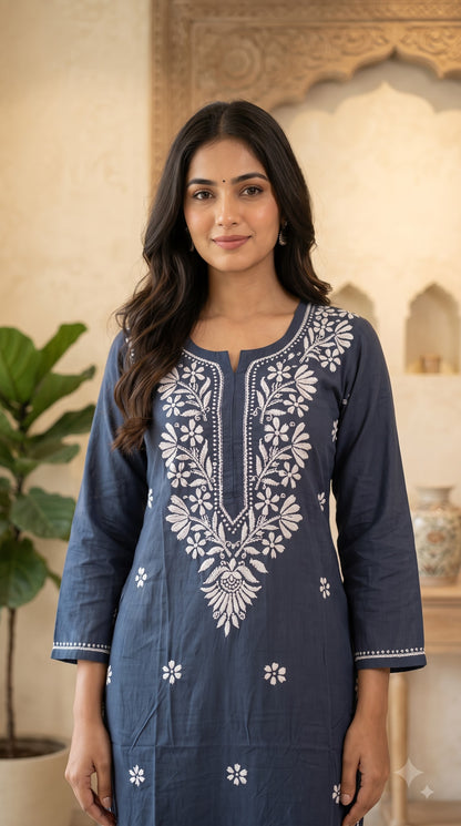 Rayon Chikankari  Long Kurta Set- Gray
