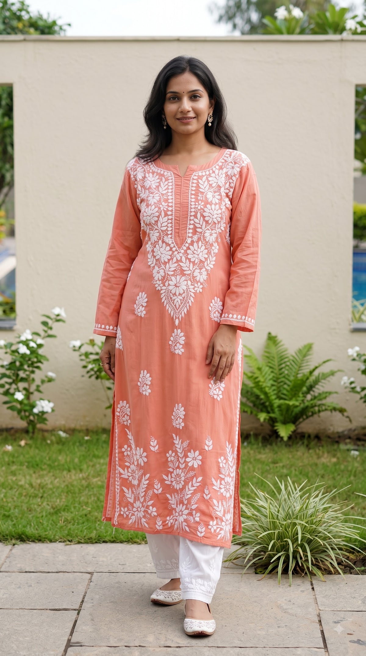 Modal Daman Chikankari Women's Long Kurta - Peach