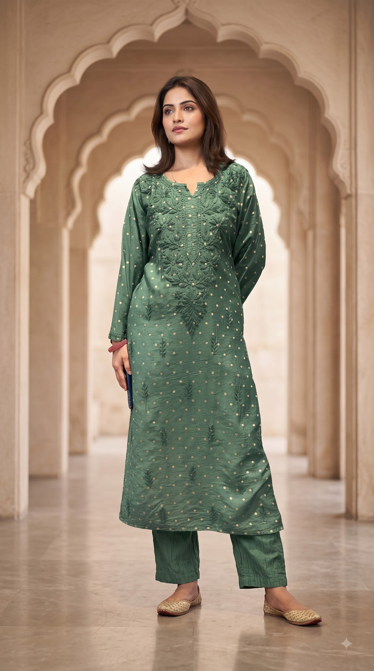 Chanderi Banarasi Dot Chikankari Solid Women's Long Kurta - Green