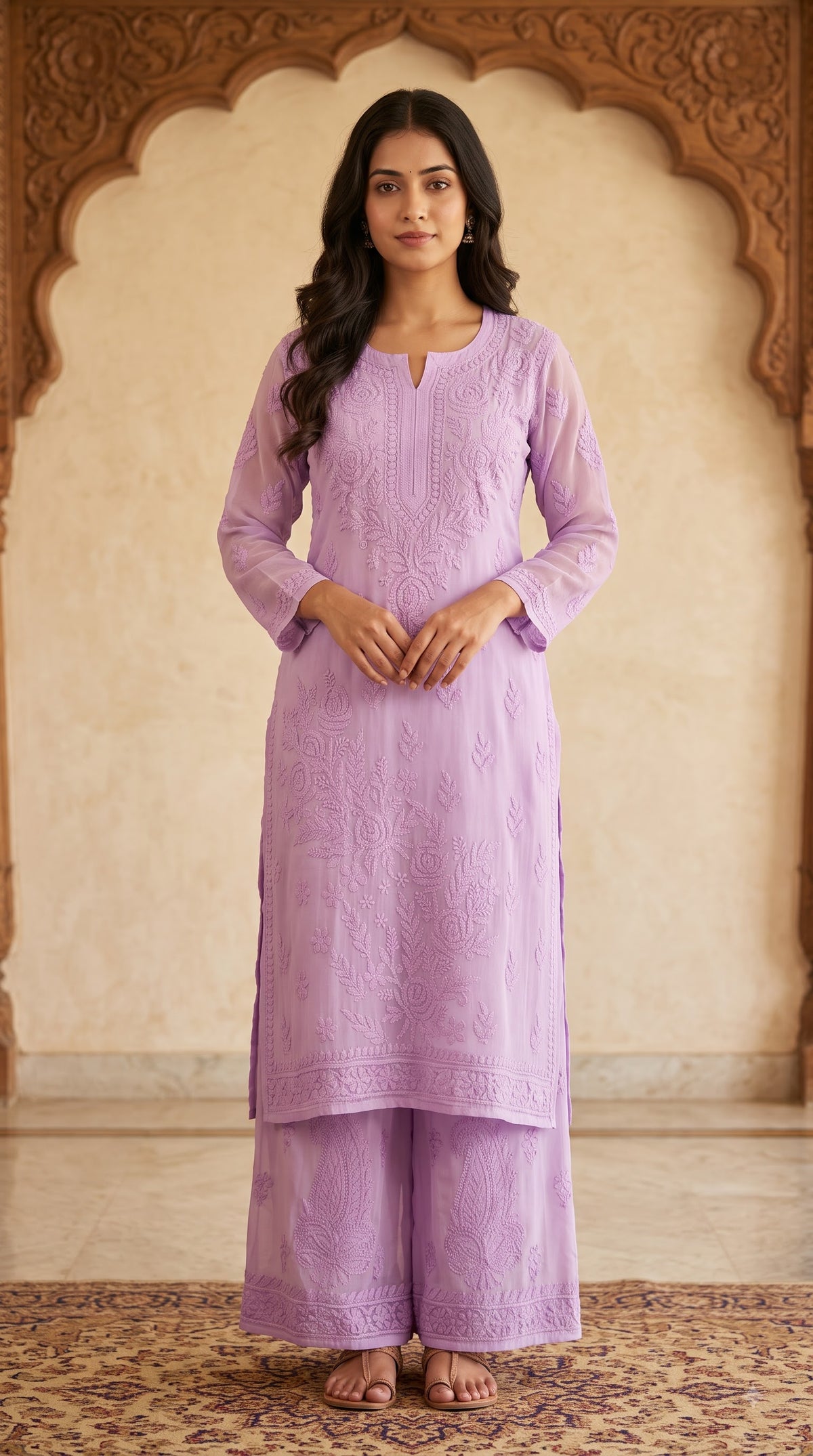 Viscose Chikankari Solid Women's Long Kurta with Inner - lavender