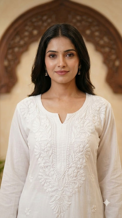 Rayon Chikankari  Long Kurta Set- White