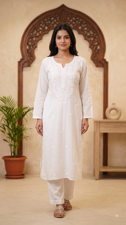 Rayon Chikankari  Long Kurta Set- White