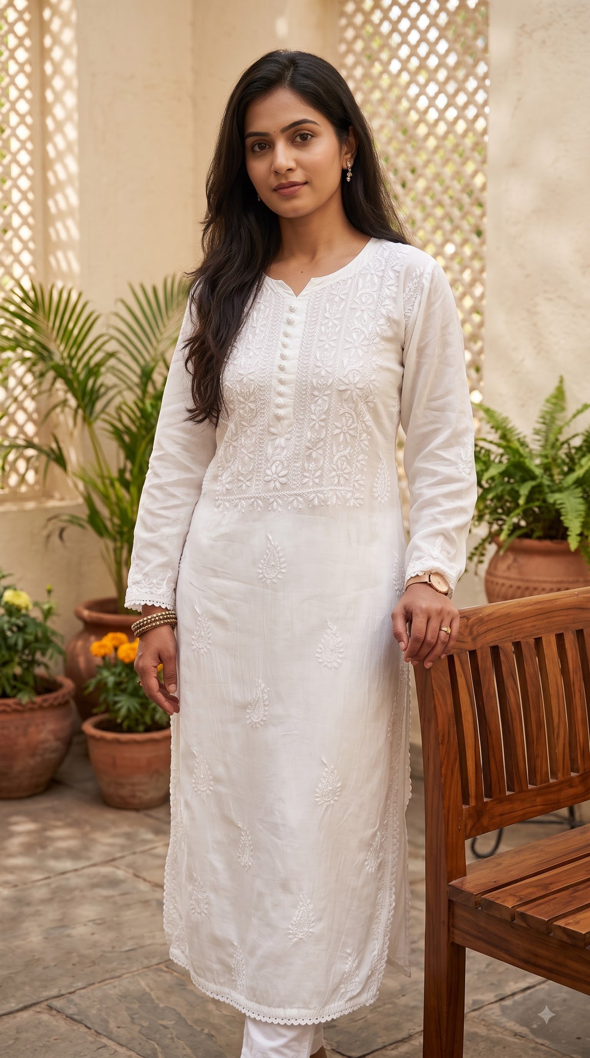 Muslin Chikankari Solid Women's Long Kurta - White