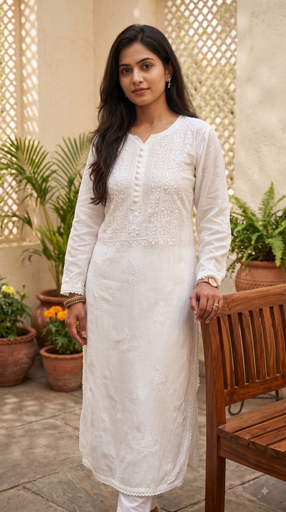 Muslin Chikankari Solid Women's Long Kurta - White