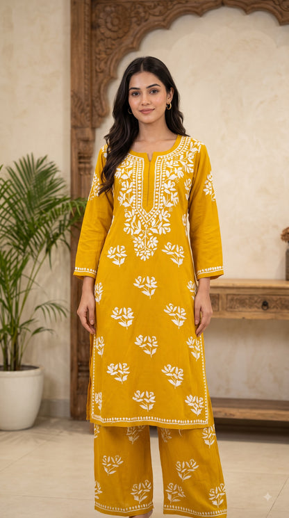 Modal Chikankari Solid Women's 2PC Long Kurta Set- Yellow