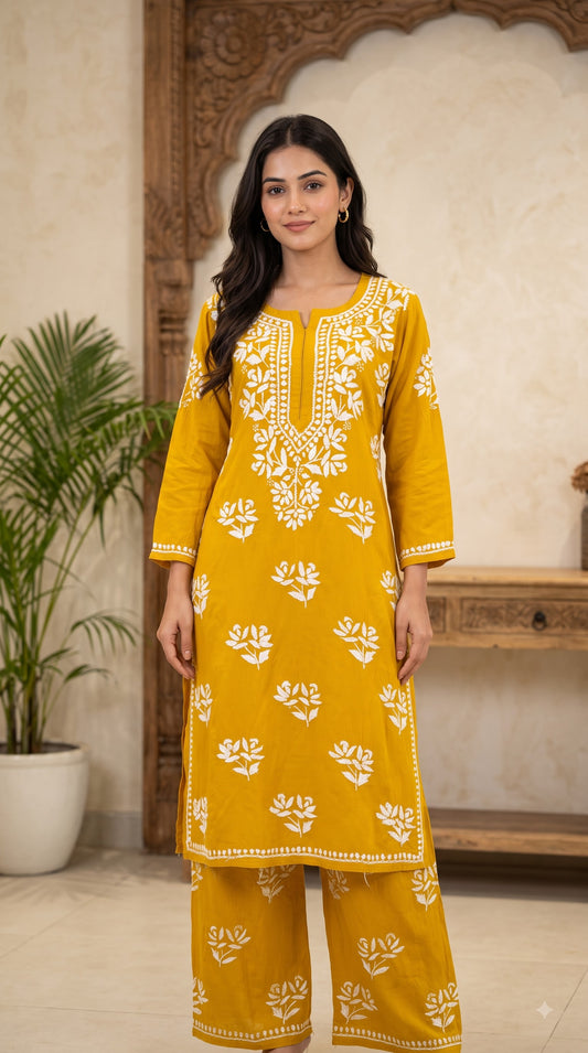 Modal Chikankari Solid Women's 2PC Long Kurta Set- Yellow