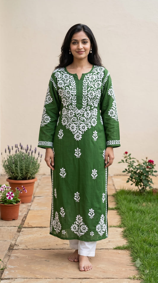 Modal 3D Chikankari Women's Long Kurta - Green