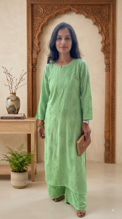 Rayon 3D Chikankari Kurta Set- Green