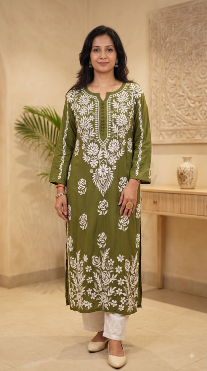 Modal Dama Chikankari Women's Long Kurta - Green