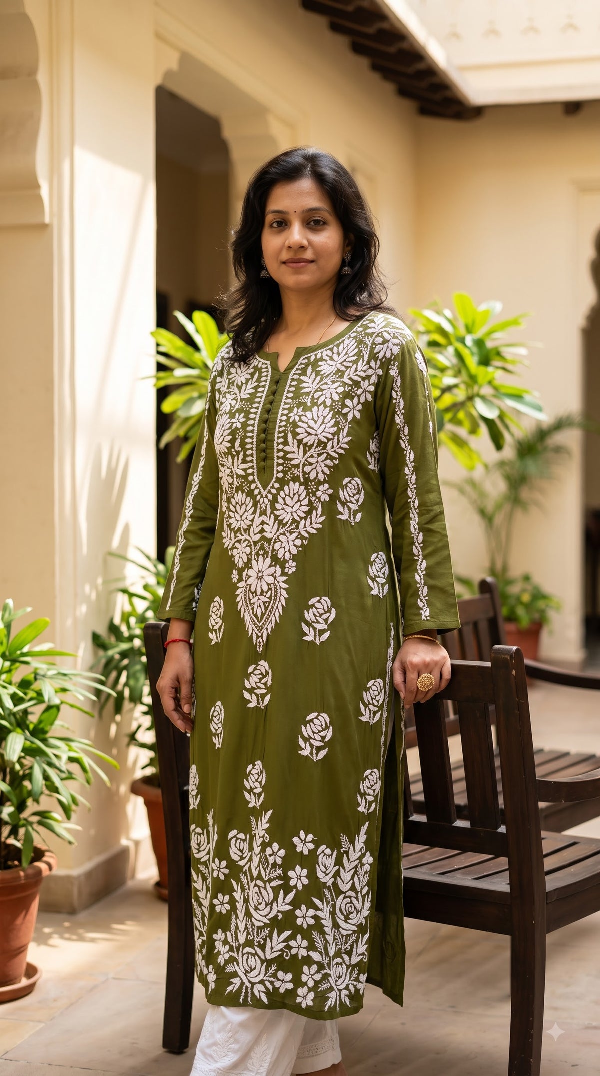 Modal Dama Chikankari Women's Long Kurta - Green