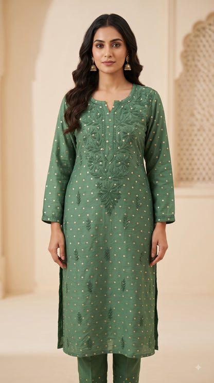 Chanderi Banarasi Dot Chikankari Solid Women's Long Kurta - Green