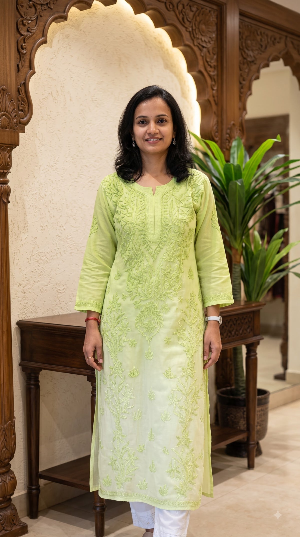 Modal 3D Chikankari Long Kurta - Ombre Green