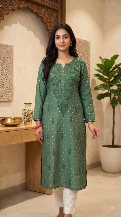 Chanderi Banarasi Dot Chikankari Solid Women's Long Kurta - Green
