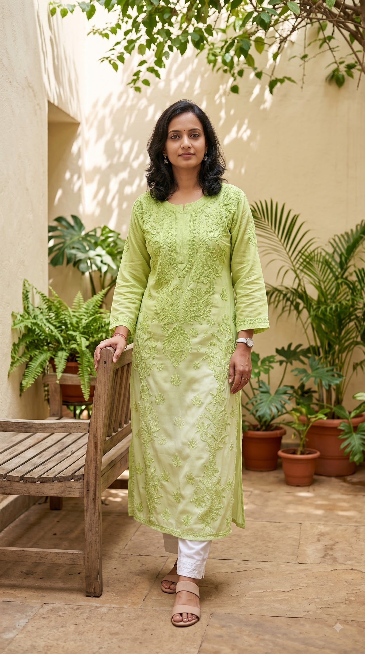 Modal 3D Chikankari Long Kurta - Ombre Green