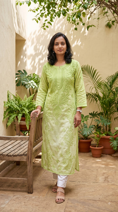 Modal 3D Chikankari Long Kurta - Ombre Green