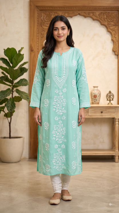 Rayon 3D Rose Chikankari Long Kurta - Green
