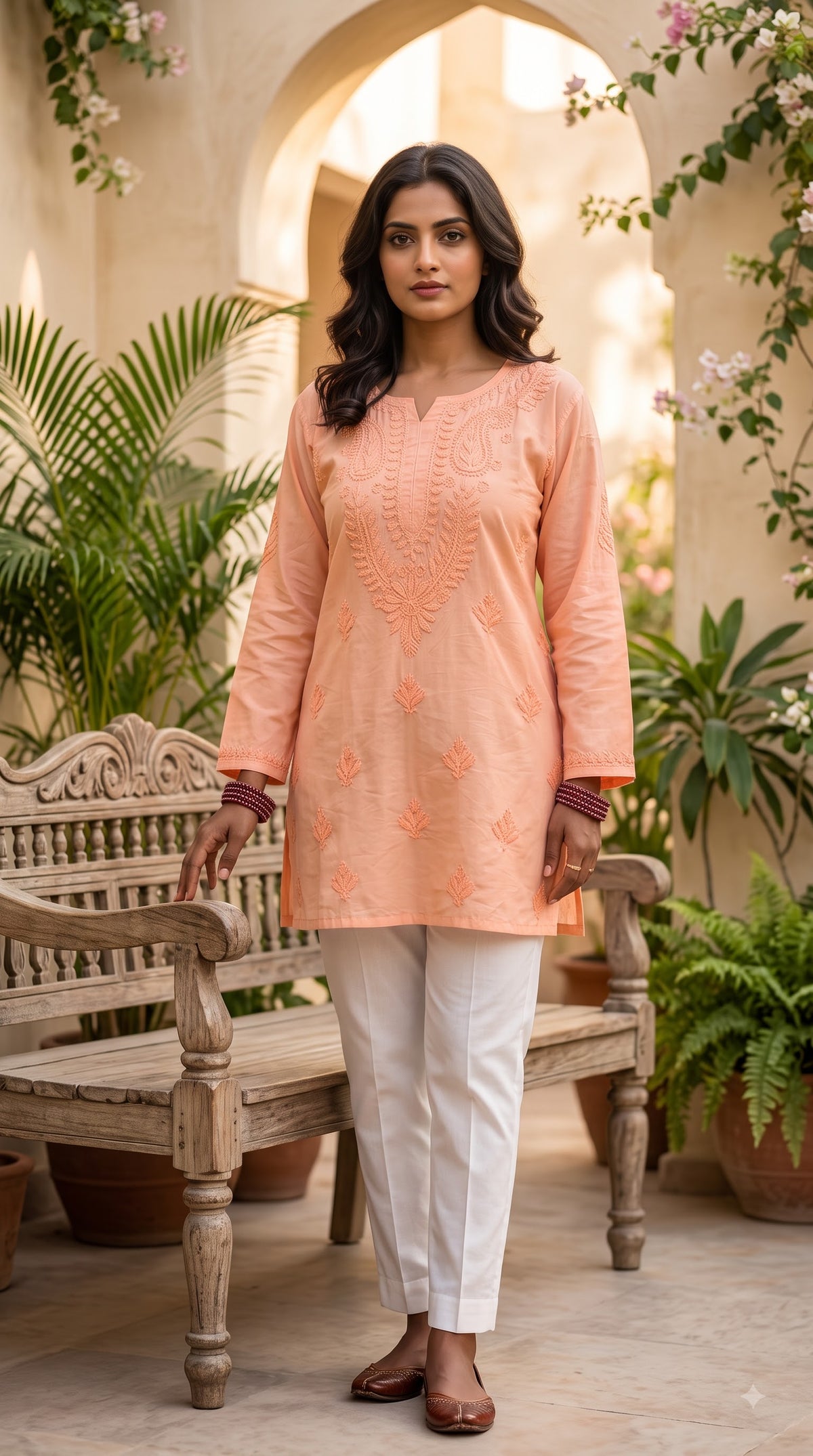 Chanderi Chikankari Solid Women's Short Kurta - Peach