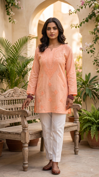 Chanderi Chikankari Solid Women's Short Kurta - Peach