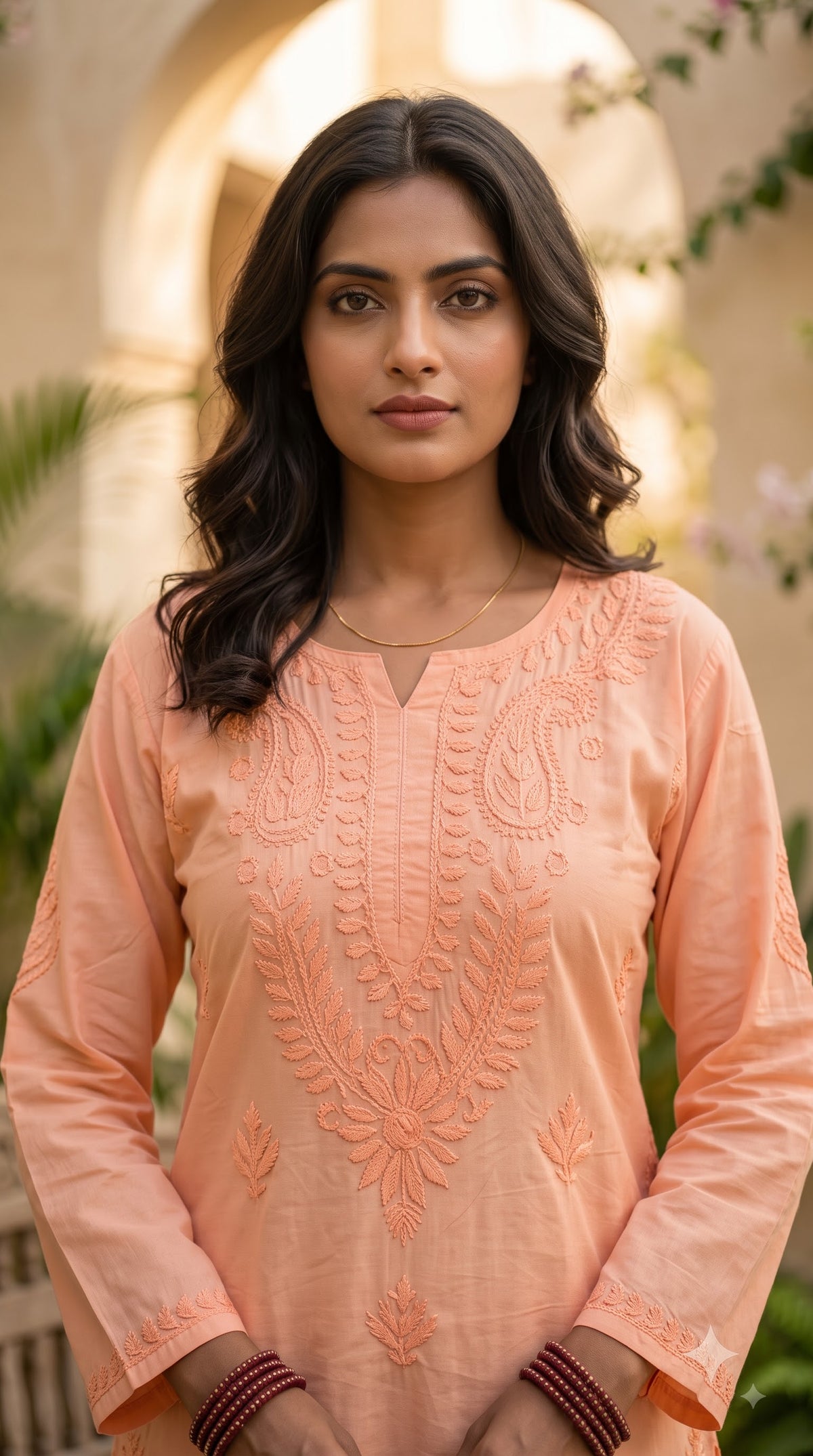 Chanderi Chikankari Solid Women's Short Kurta - Peach