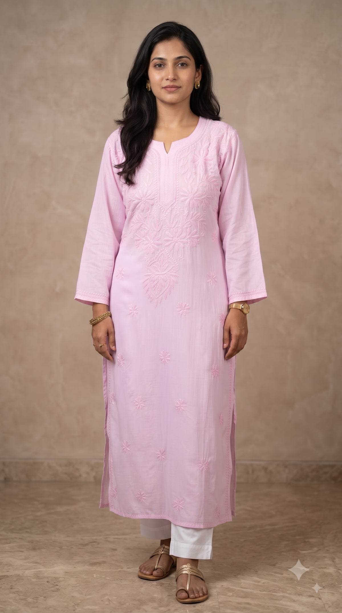 Modal Chikankari Women's Long Kurta - Pink