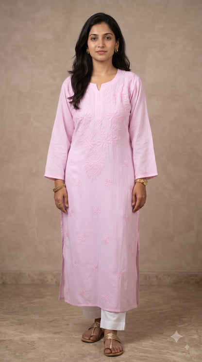 Modal Chikankari Women's Long Kurta - Pink