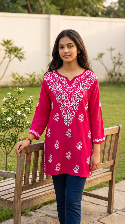 Rayon Chikankari Women's Short Kurta - Pink
