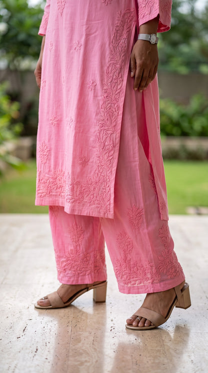 Rayon 3D Chikankari Kurta Set- Peach