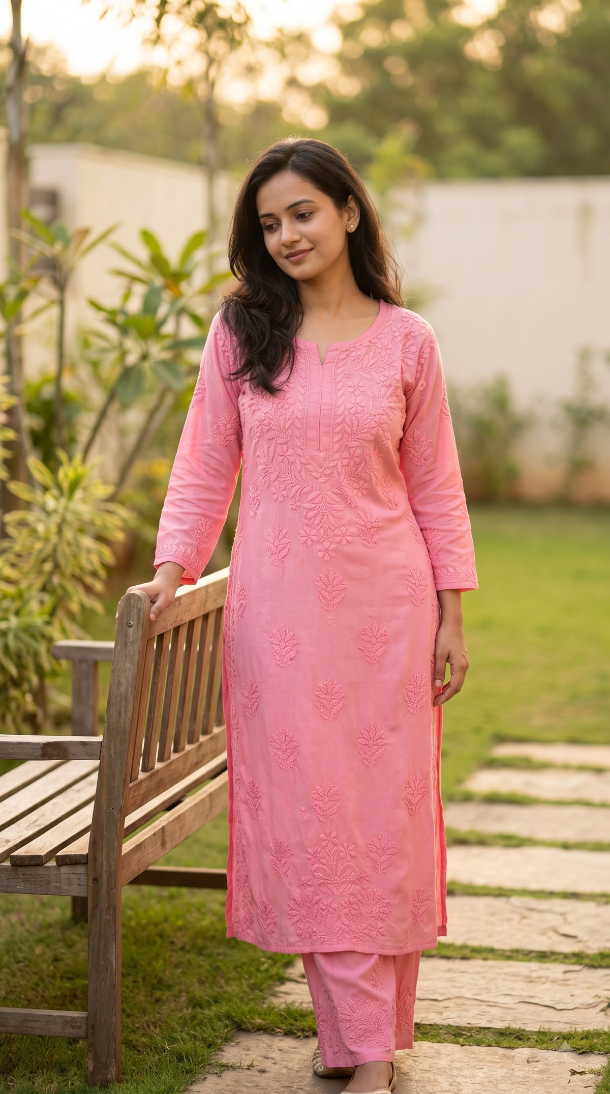 Rayon 3D Chikankari Kurta Set- Peach