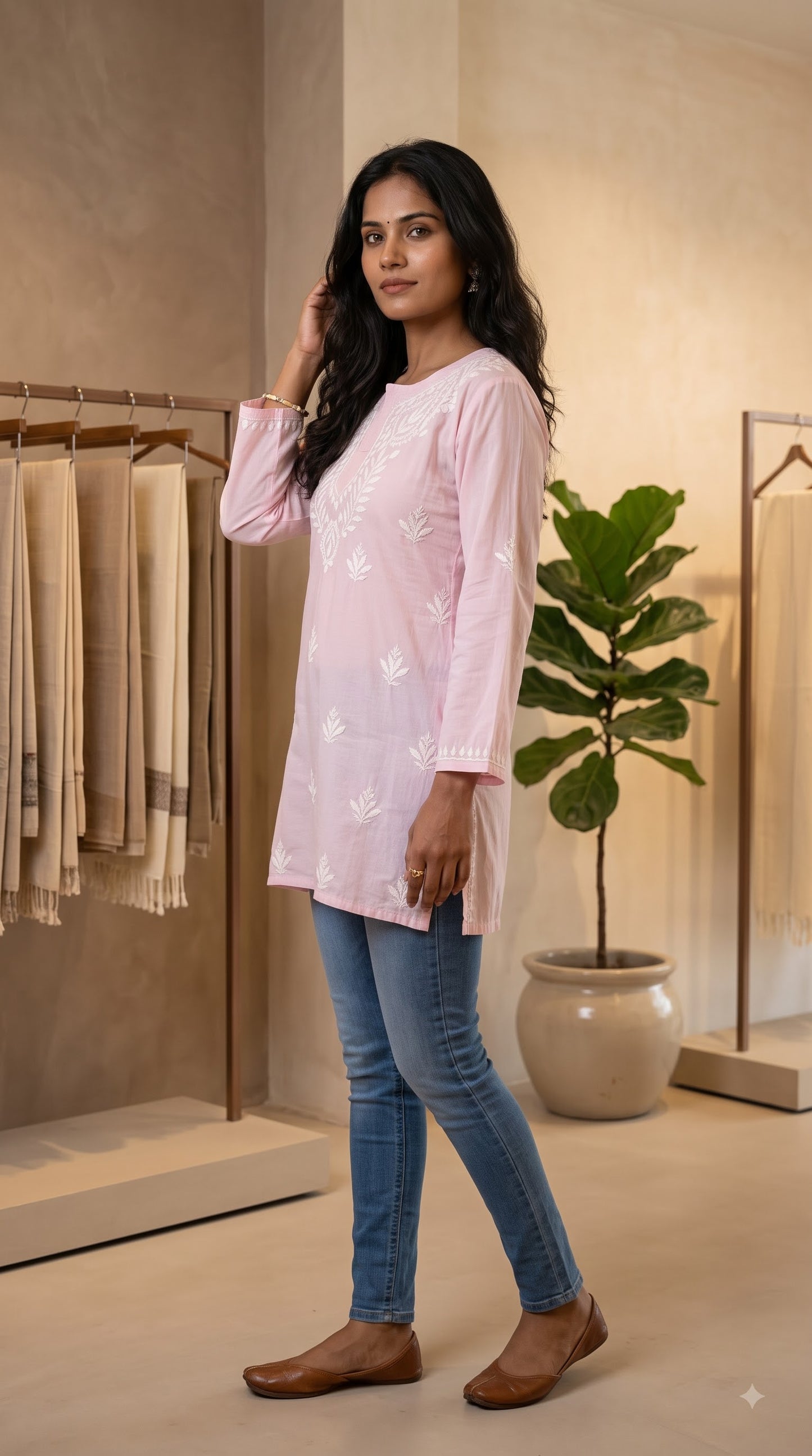 Modal Chikankari Women's Short Kurta - Pink