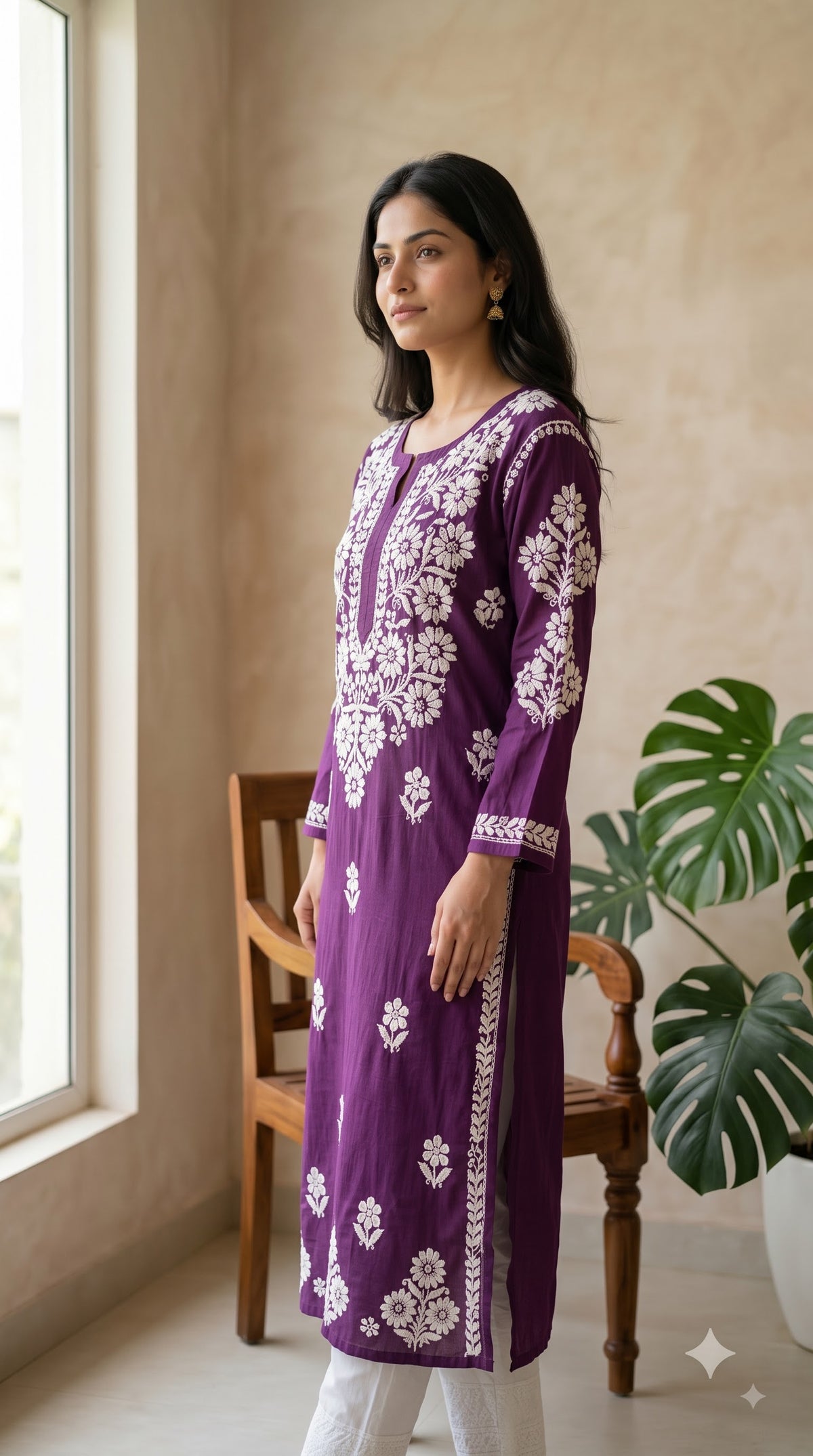 Modal 3D Chikankari Women's Long Kurta - Wine