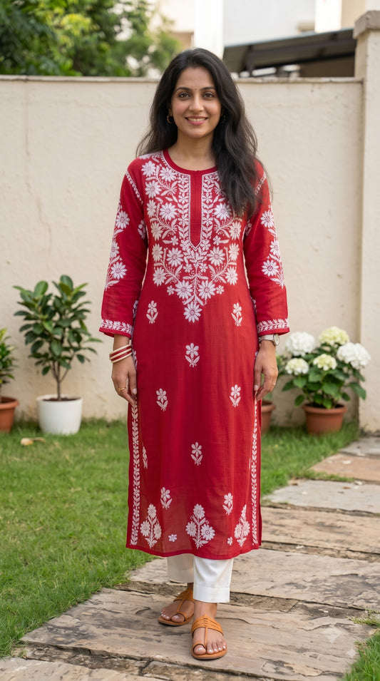 Modal 3D Chikankari Women's Long Kurta - Red