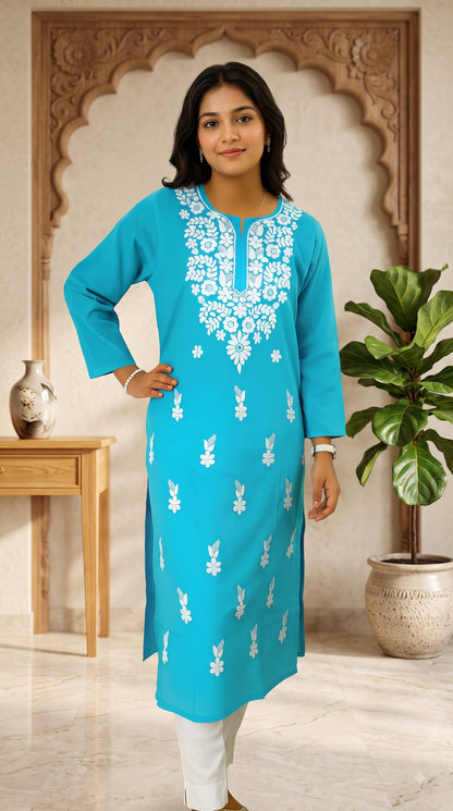 Cotton Chikankari Women's Long kurta - Blue