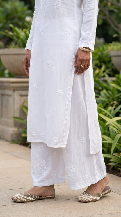 Rayon Chikankari  Long Kurta Set- White