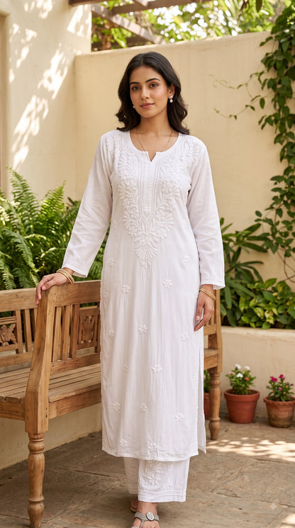 Rayon Chikankari  Long Kurta Set- White