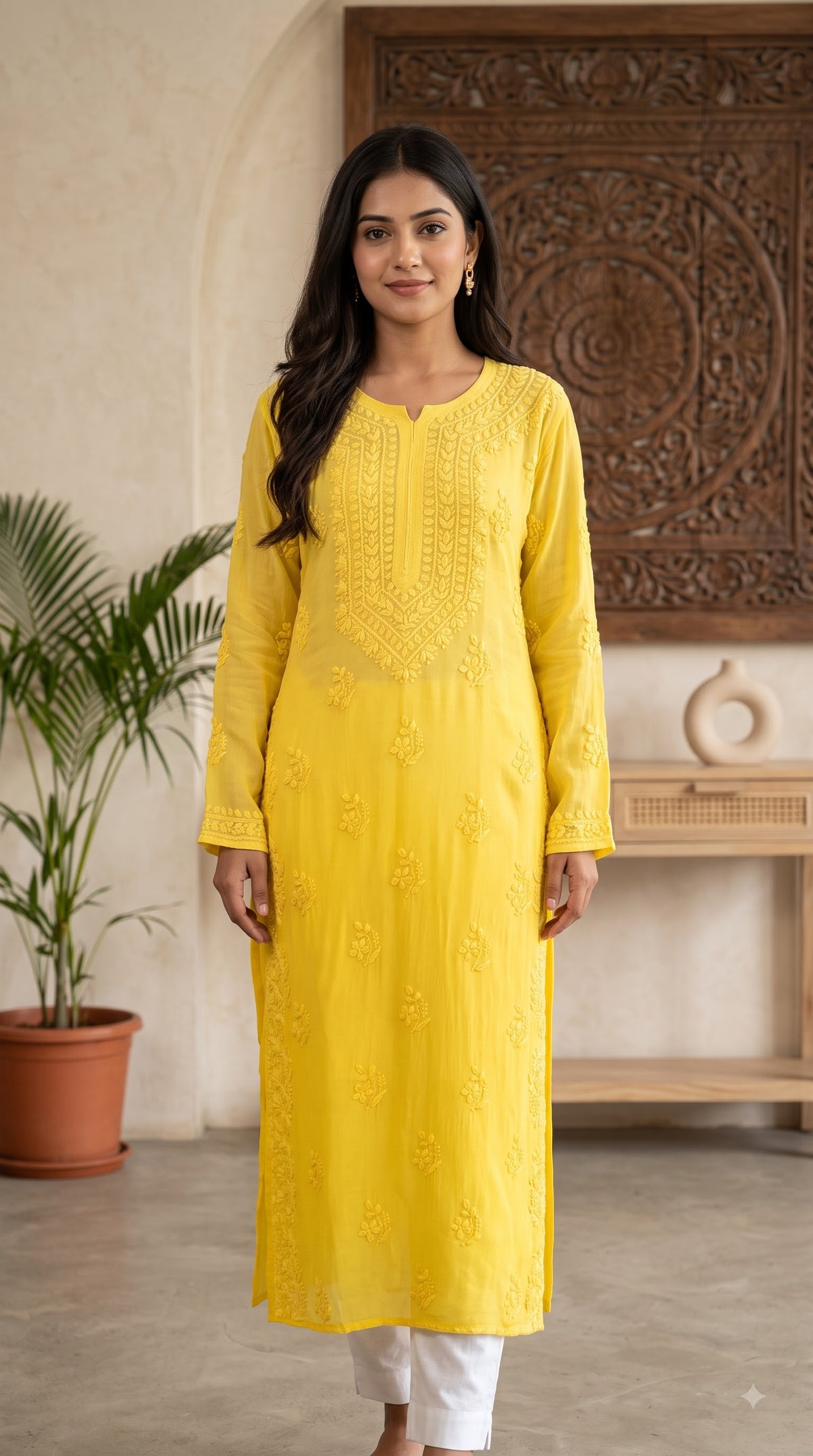 Viscose 3D Heavy Chikankari Long kurta - Ombre Yellow