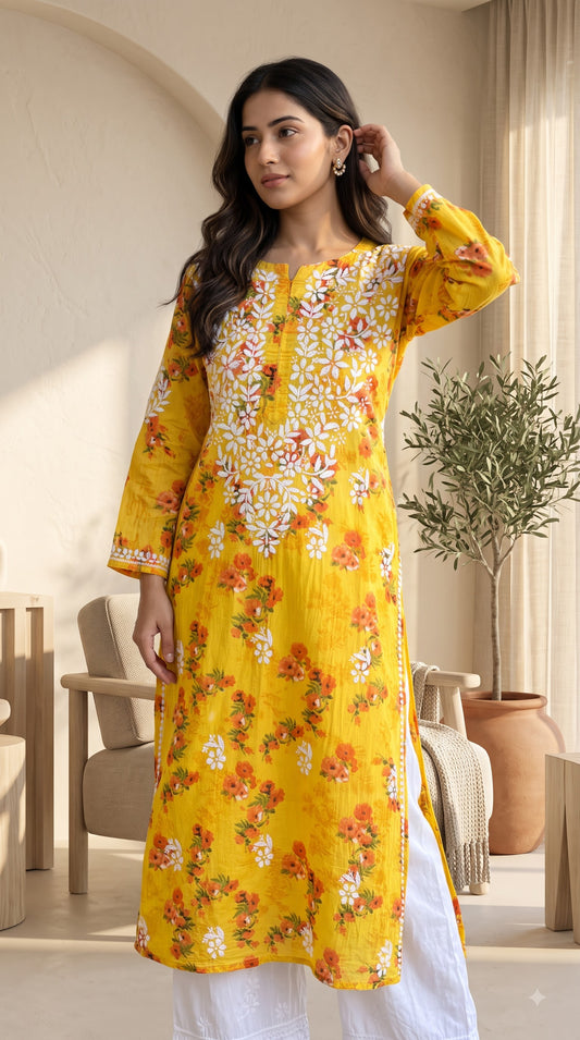 Mul Cotton Chikankari Printed Women's Long Kurta - Yellow