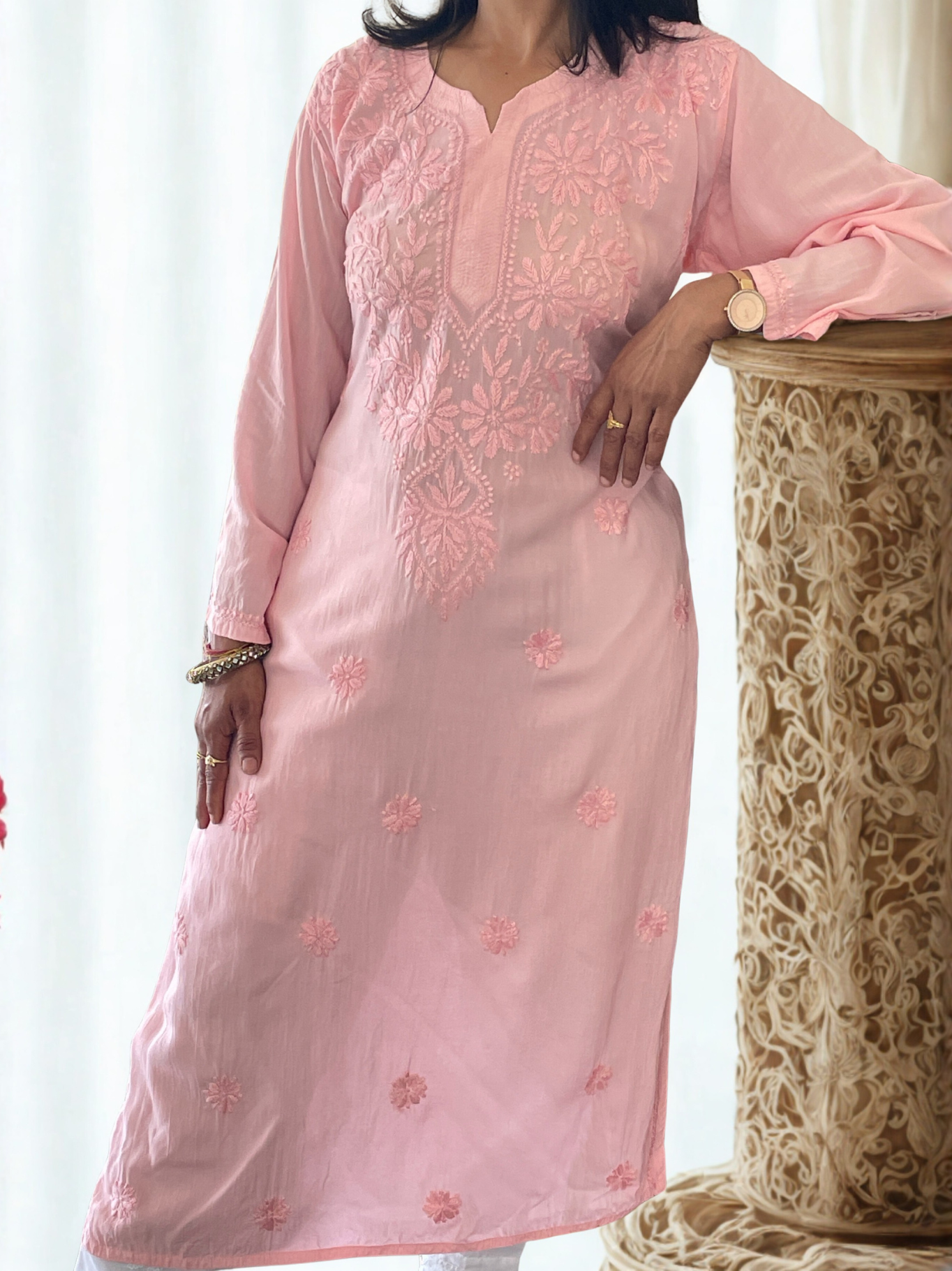 Modal Chikankari Women's Long Kurta - Peach