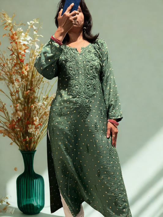 Chanderi Banarasi Dot Chikankari Solid Women's Long Kurta - Green