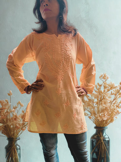 Chanderi Chikankari Solid Women's Short Kurta - Peach
