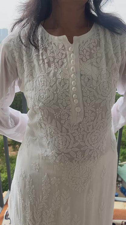 Viscose Chikankari Solid Women's Long Kurta set with Inner - White