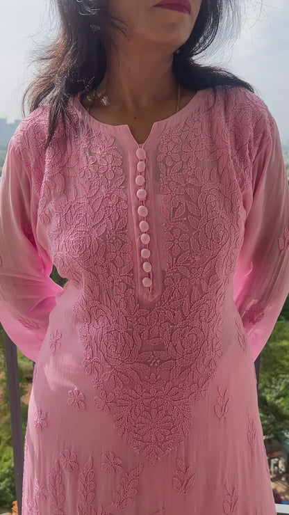 Viscose Chikankari Solid Women's Long Kurta with Inner - Pink