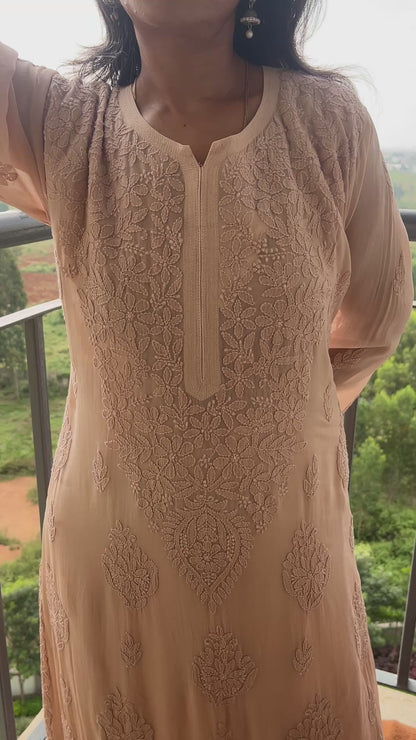 Viscose Bakhiya Heavy Chikankari Long Kurta -  ombre brown